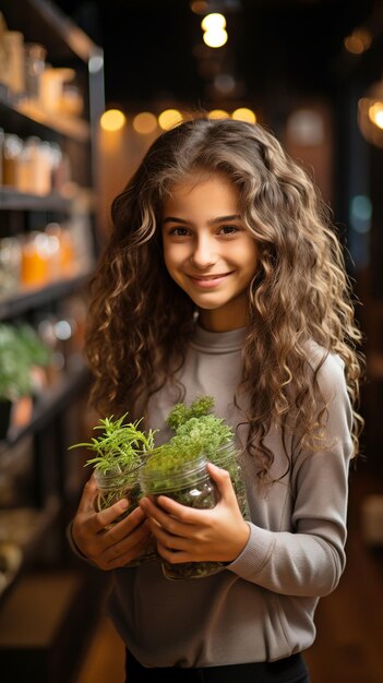 Una niña pequeña con una olla de plantas frente a una floristería prestar atención a la flora