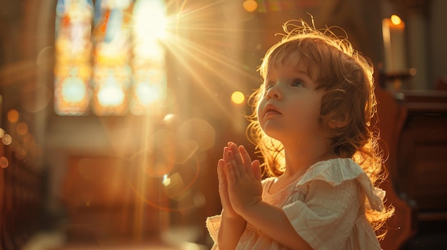 Foto niña pequeña orando en la iglesia generativo ai