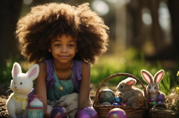 niña pequeña con orejas de conejo sentada en el césped al aire libre con un huevo y una canasta de Pascua