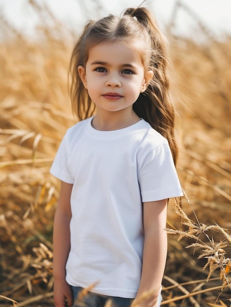 una niña pequeña de pie en un campo de hierba alta