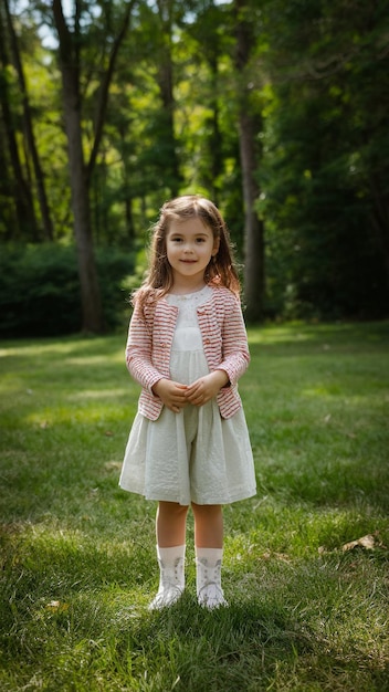 Foto una niña pequeña de pie en un campo con las manos en las caderas