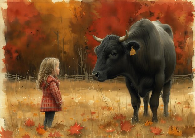 Niña pequeña de pie en el campo vaca ternura mirada inquisitiva lienzo negro diálogo ilustración otoño
