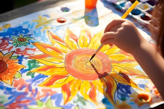 Una niña pequeña pintando un cuadro de un girasol IA generativa