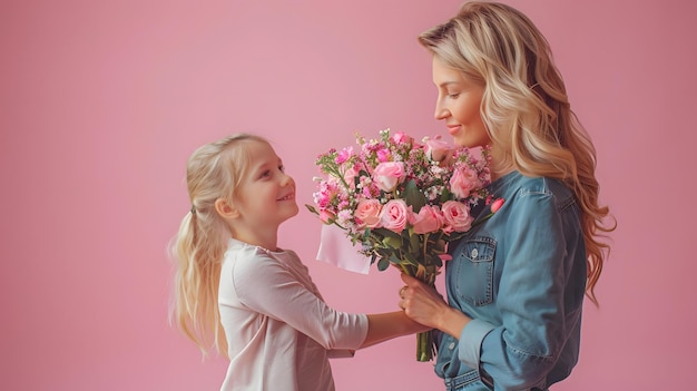 Niña pequeña regala un ramo de rosas a una mujer Concepto de Día de la Madre