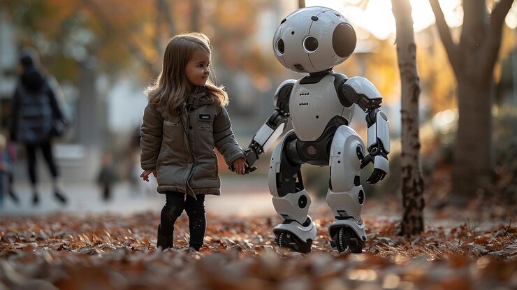 Foto una niña pequeña y un robot tomados de la mano en un parque con hojas de otoño