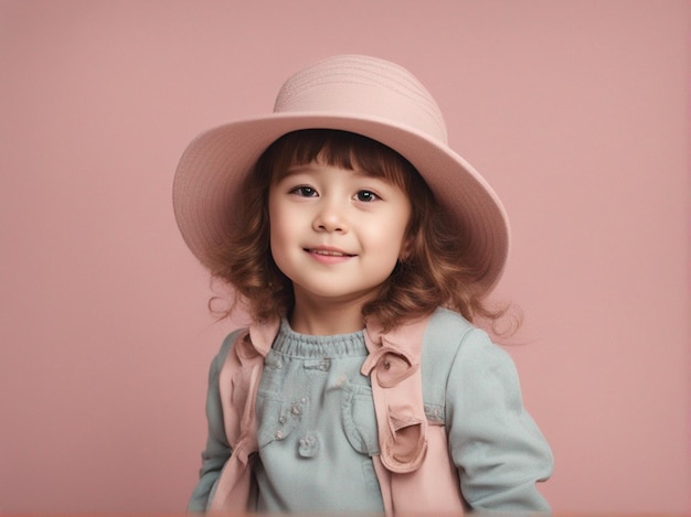 Una niña pequeña con ropa de moda y con sombrero