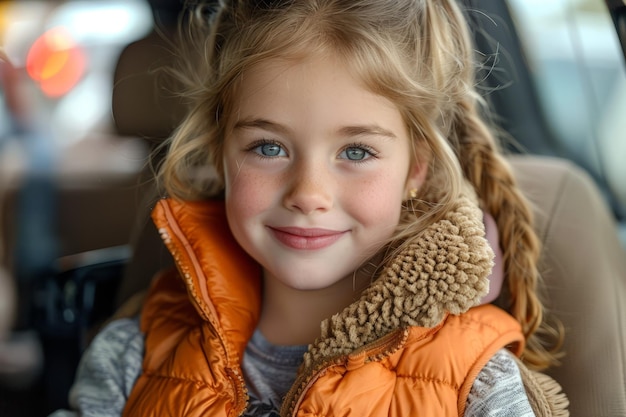 Niña pequeña sentada en el asiento del coche