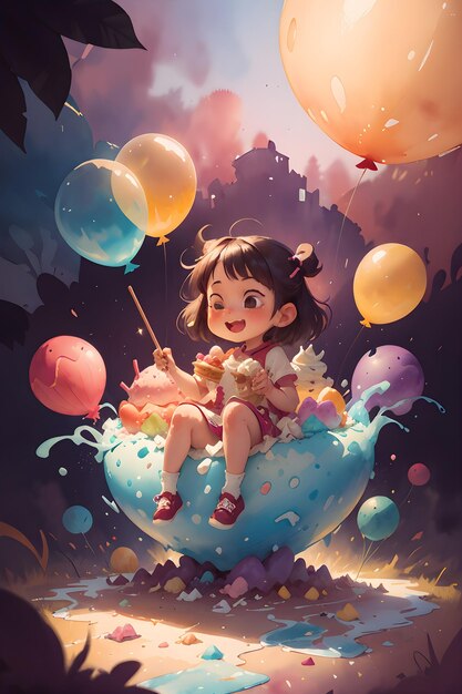 Una niña pequeña sentada en el helado de pastel gigante con globos ilustración de fondo de la portada del libro