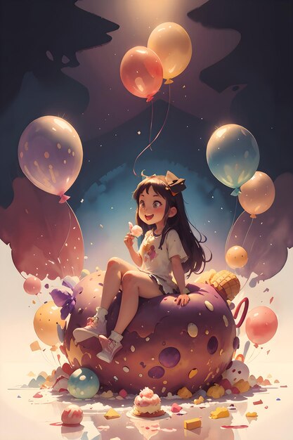 Una niña pequeña sentada en el helado de pastel gigante con globos ilustración de fondo de la portada del libro