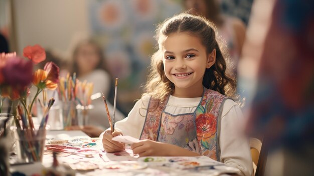 Niña pequeña sentada en una mesa sonriendo