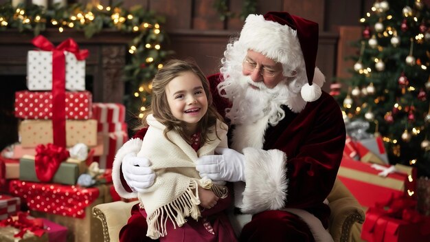 Niña pequeña sentada con Papá Noel y regalos en Navidad