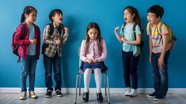 Foto niña pequeña sentada sola en una silla y sufriendo un acto de intimidación mientras los niños se burlan