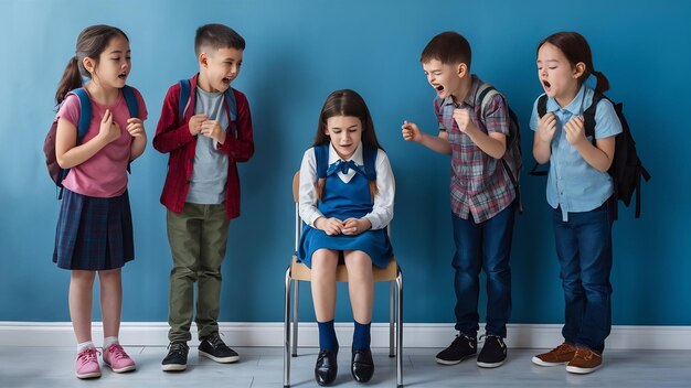 Foto niña pequeña sentada sola en una silla y sufriendo un acto de intimidación mientras los niños se burlan