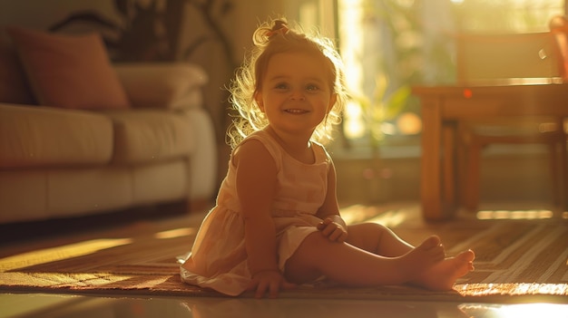 Niña pequeña sentada en el suelo sonriendo