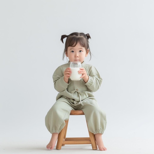una niña pequeña sentada en un taburete sosteniendo un vaso de leche