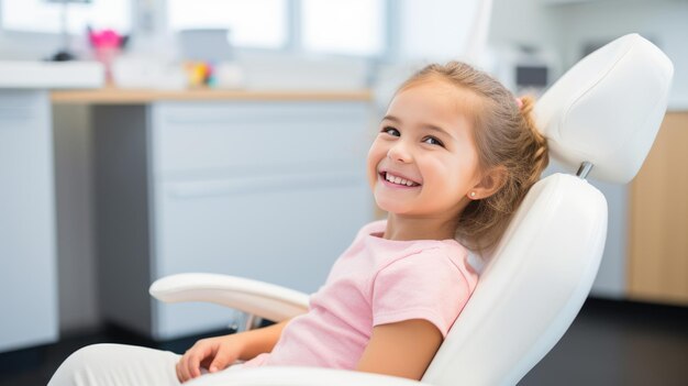 Una niña pequeña se sienta en una silla en una clínica dental