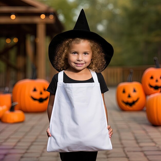 Foto una niña pequeña con un sombrero de bruja negra de pie frente a las calabazas