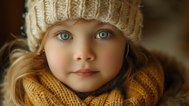 una niña pequeña con un sombrero y una bufanda está mirando a la cámara