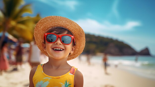 una niña pequeña con un sombrero de paja y gafas de sol está sonriendo a la cámara en la playa