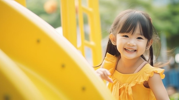 una niña pequeña sonríe en una diapositiva con una sonrisa en su cara