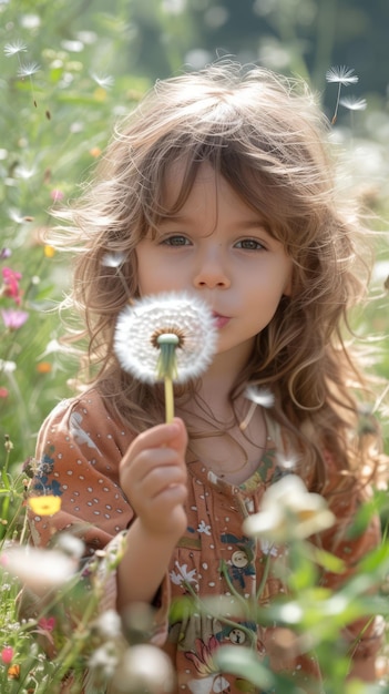 Niña pequeña soplando un diente de león