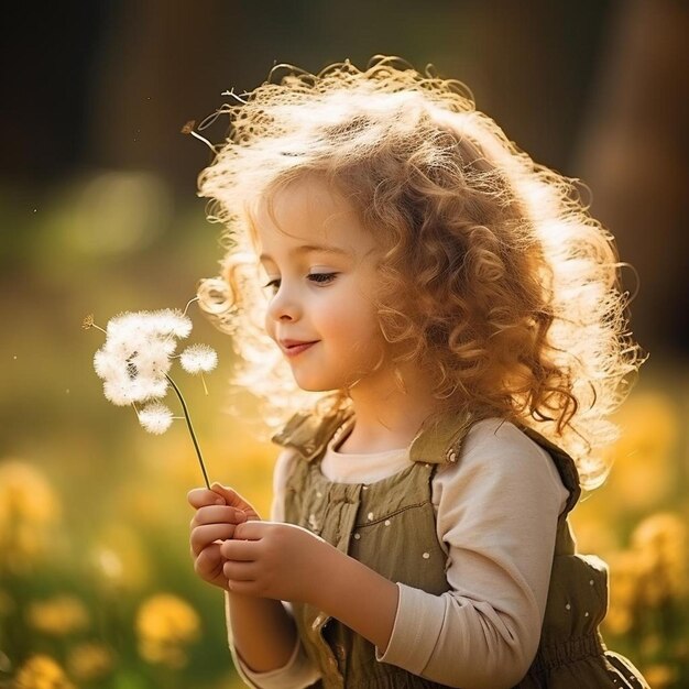 una niña pequeña soplando dientes de león en un campo con un diente de león al fondo