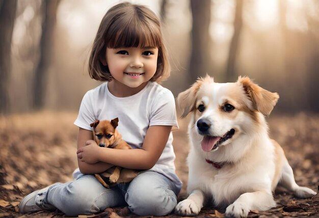 Foto una niña pequeña está sosteniendo un cachorro y un perro