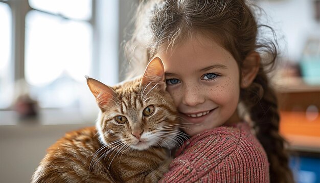 Niña pequeña sosteniendo y jugando con gato pequeño con felicidad en casa Niño abrazando a su gatito