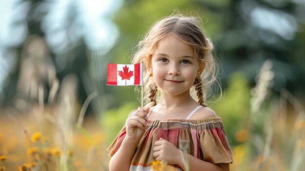 Foto una niña pequeña sostiene alegremente la bandera canadiense en un campo cubierto de hierba
