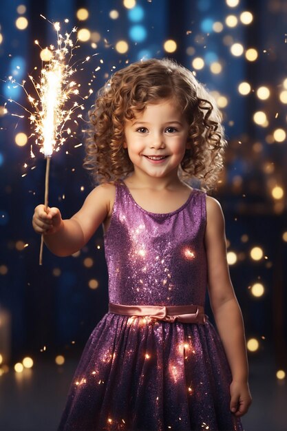 Foto una niña pequeña sostiene una chispa encendida en su mano contra un fondo de luces navideñas festivas