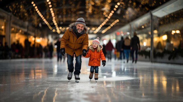 Niña pequeña y su abuelo patinando en la pista de hielo en Navidad