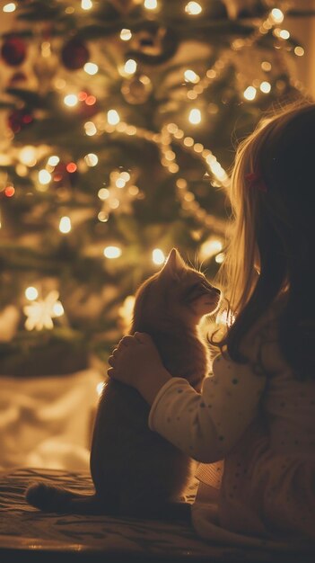 Niña pequeña y su gato por la noche cerca