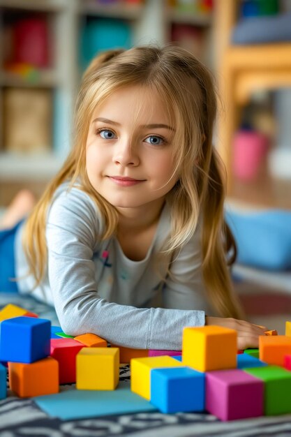 Una niña pequeña tendida en el suelo con bloques