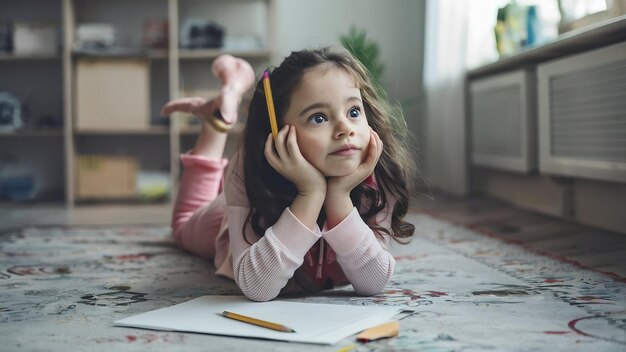 Niña pequeña tendida en el suelo soñando despierta con un lápiz y un papel