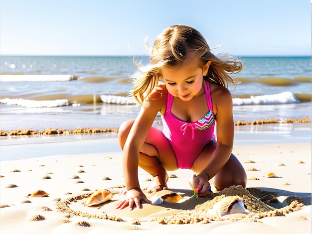 Niña pequeña en traje de baño jugando en la playa agachada buscando conchas en la arena