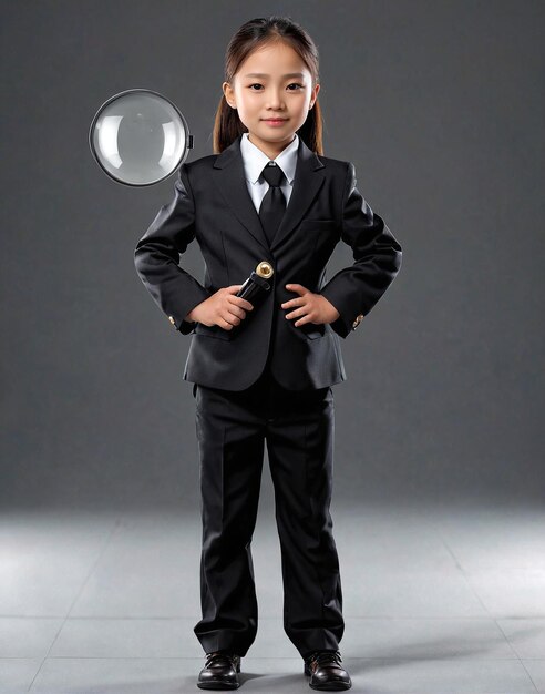 Foto una niña pequeña en un traje y corbata sosteniendo un magni