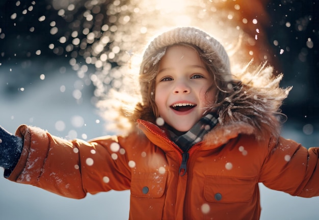 Niña pequeña en traje de invierno abrazando alegremente la nieve con el resplandor de la luz del sol