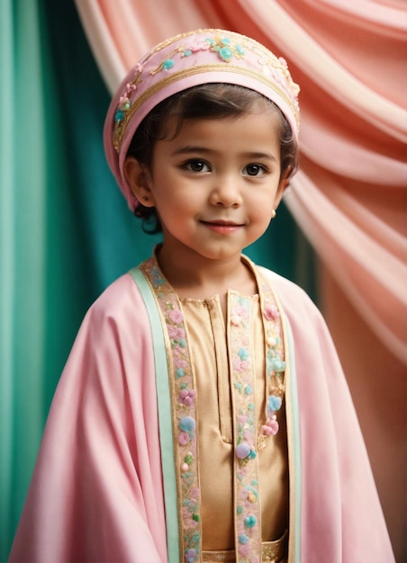 una niña pequeña con un traje rosa con una borla rosa y verde