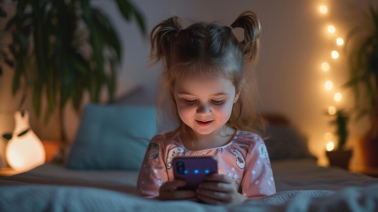 Niña pequeña usando teléfono inteligente en casa pancarta panorámica Niño lindo enviando mensajes de texto en el teléfono móvil en su habitación Comunicación en el hogar conexión de estudio aplicaciones móviles tecnología niños concepto de estilo de vida
