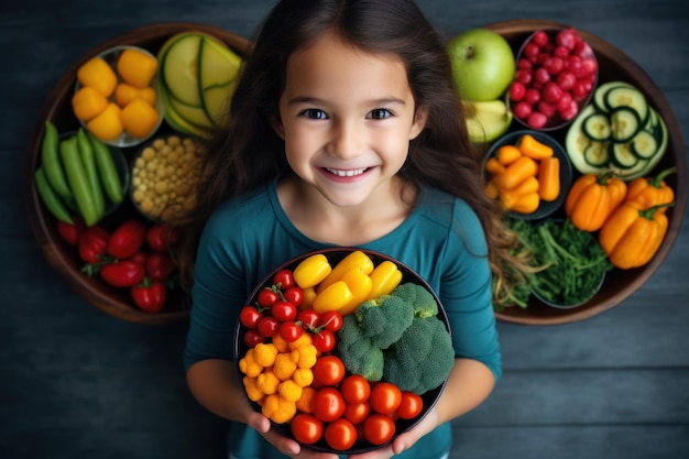 Foto niña pequeña con variedad de frutas y verduras arco iris de colores de frutas crudas y frescas y verduras