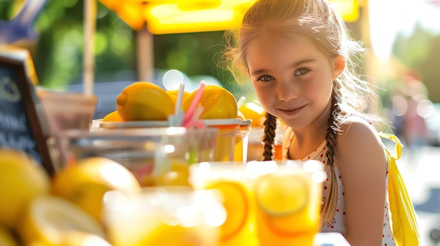 Foto niña pequeña vendiendo limonada en un puesto de limonada un caluroso día de verano