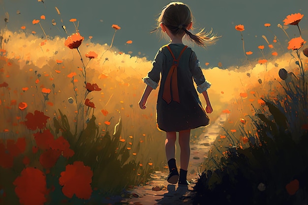 Niña pequeña con un vestido corriendo en un campo de flores Ilustración infantil IA generativa