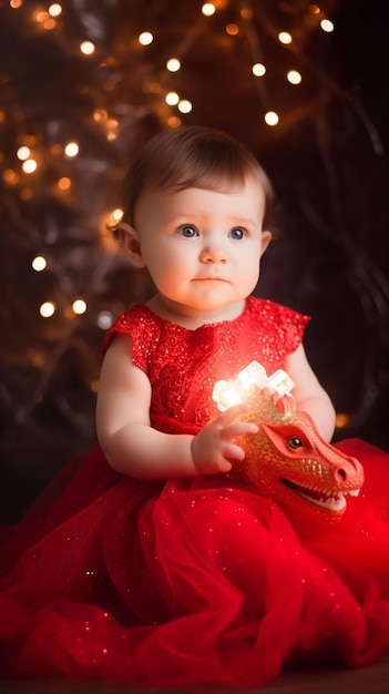 Niña pequeña con un vestido rojo con un dragón en la cabeza.