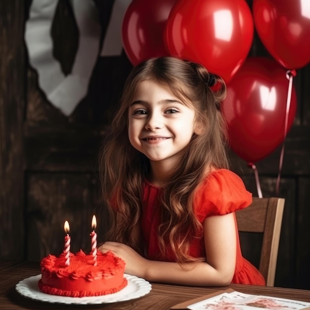 Una niña pequeña con un vestido rojo se sienta en una mesa con un pastel y un globo rojo detrás de ella.