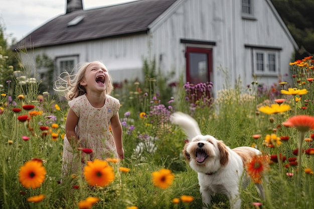 Una niña y un perro en un campo de flores Generativo Ai