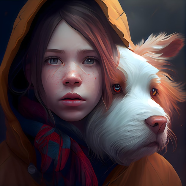 niña, con, un, perro, en, el, impermeable, 3d, interpretación