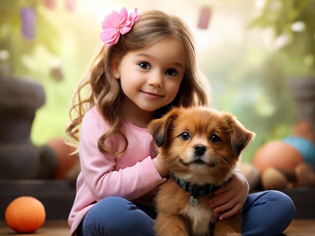 Foto una niña con un perro y un perro en el fondo