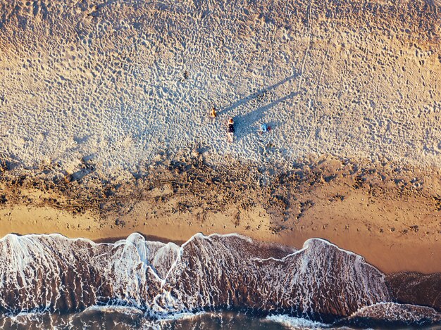 Niña y perro en la playa al atardecer, vistas aéreas