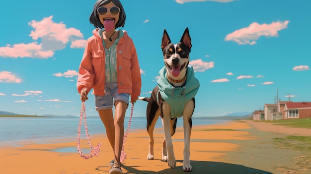 niña y un perro en la playa Fondo de pantalla creativo de fotografía de alta definición