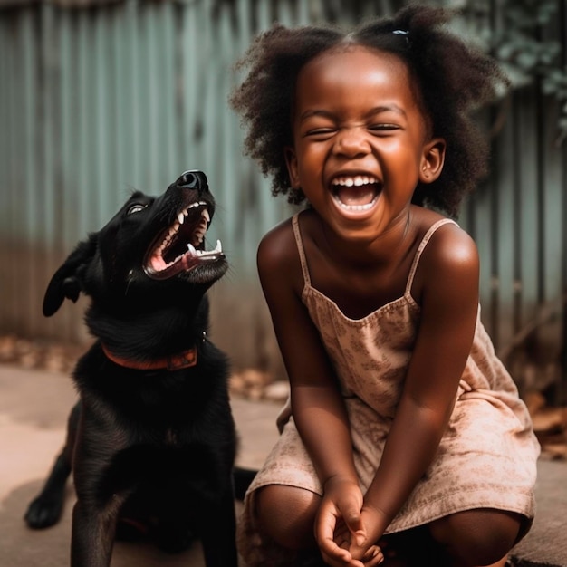 Una niña y un perro se ríen y ríen.